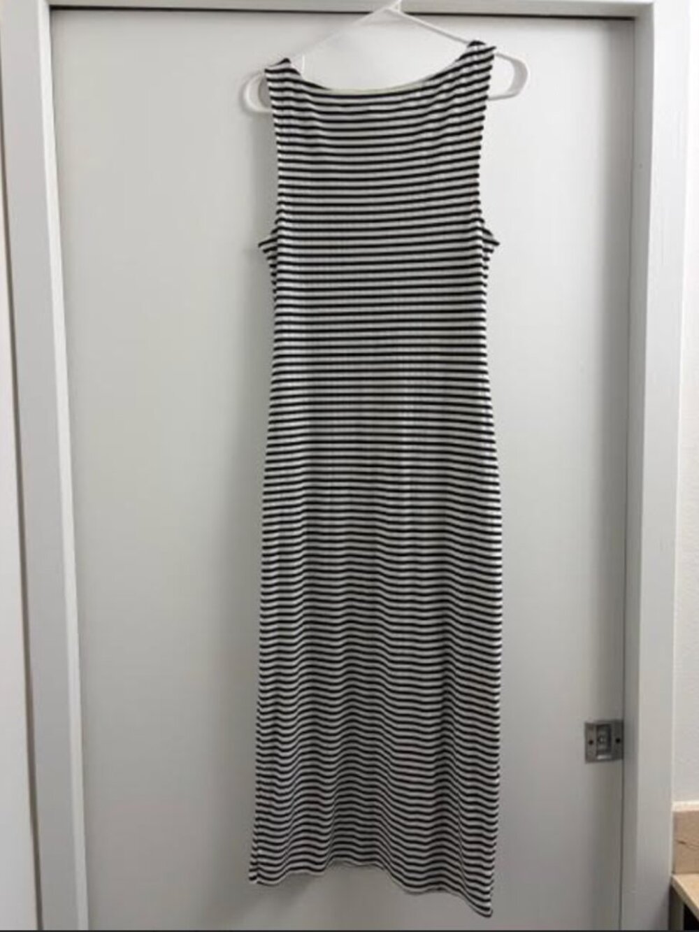 H&M Women's Ribbed Jersey Midi Dress M Bodycon Black White Stripe Boat Neck NWT - Picture 5 of 8